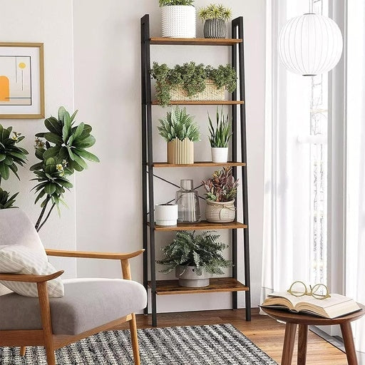 Ekkio 5-Tiers Metal Wood Ladder Shelf - Rustic Brown Black Bookcase Fast shipping On sale