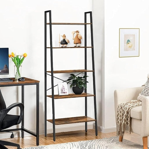 Ekkio 5-Tiers Metal Wood Ladder Shelf - Rustic Brown Black Bookcase Fast shipping On sale