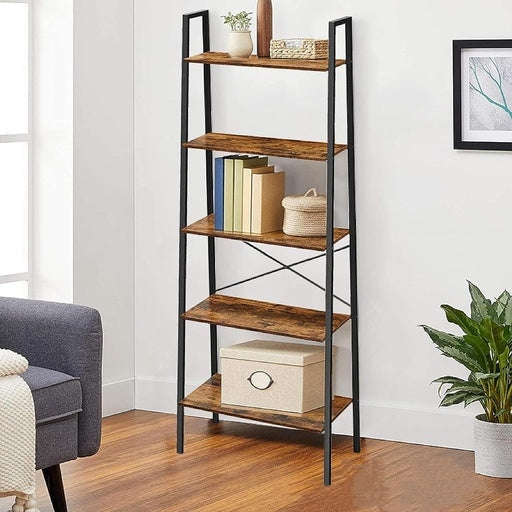 Ekkio 5-Tiers Metal Wood Ladder Shelf - Rustic Brown Black Bookcase Fast shipping On sale