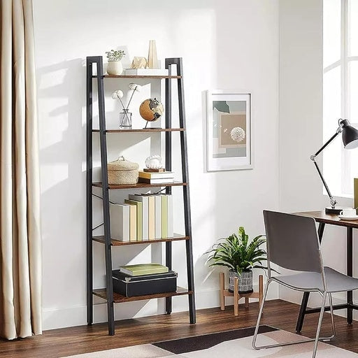 Ekkio 5-Tiers Metal Wood Ladder Shelf - Rustic Brown Black Bookcase Fast shipping On sale