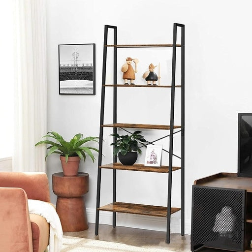 Ekkio 5-Tiers Metal Wood Ladder Shelf - Rustic Brown Black Bookcase Fast shipping On sale