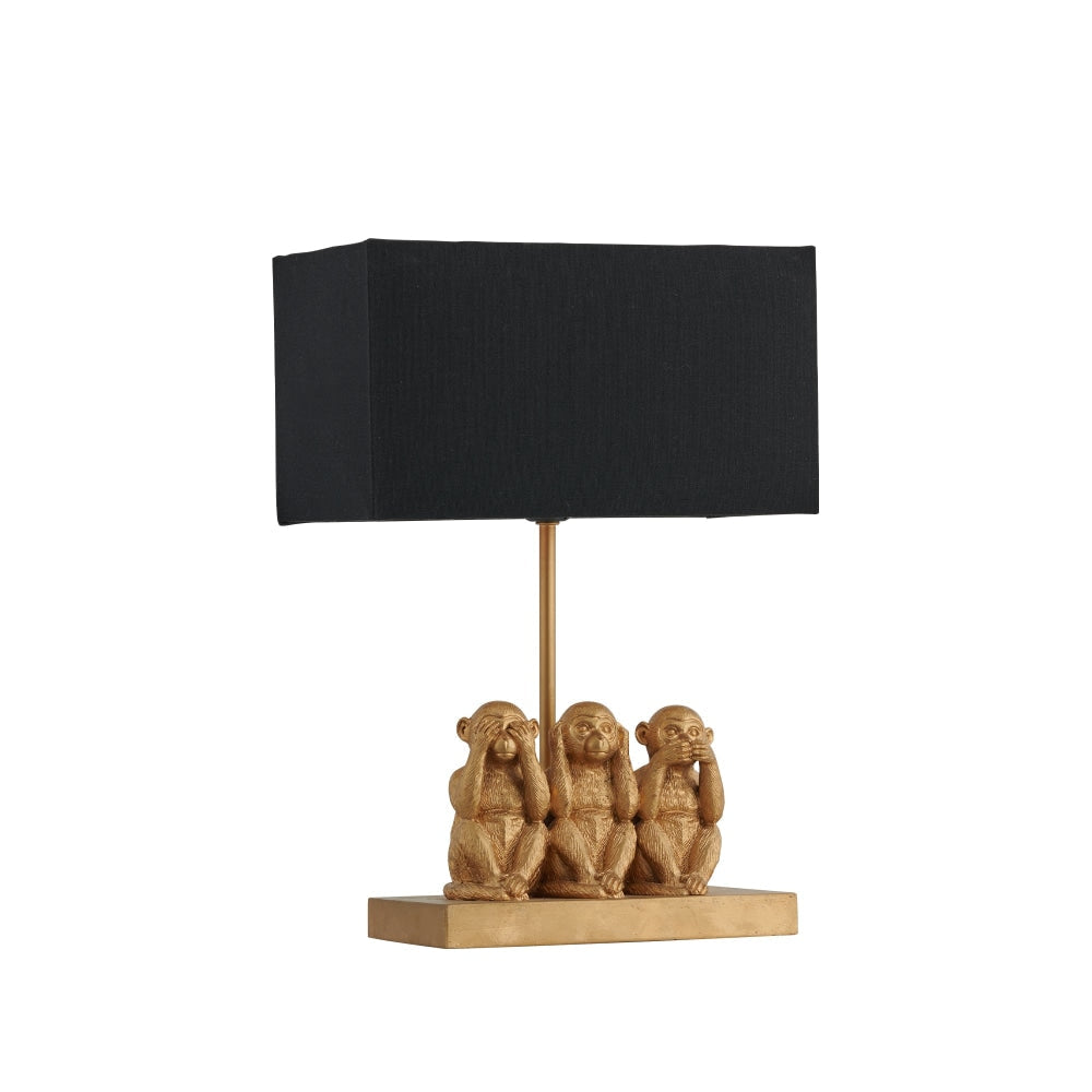 Everette Eclectic Accent Table Lamp Light with Three Wise Monkeys Fabric Shade - Gold and Black Fast shipping On sale