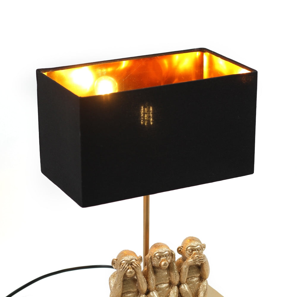 Everette Eclectic Accent Table Lamp Light with Three Wise Monkeys Fabric Shade - Gold and Black Fast shipping On sale