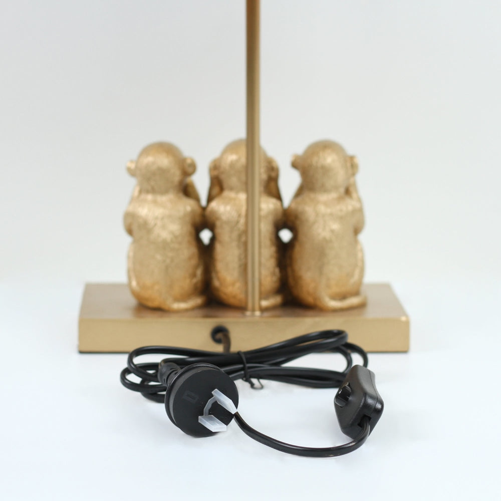 Everette Eclectic Accent Table Lamp Light with Three Wise Monkeys Fabric Shade - Gold and Black Fast shipping On sale