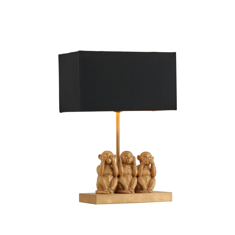 Everette Eclectic Accent Table Lamp Light with Three Wise Monkeys Fabric Shade - Gold and Black Fast shipping On sale