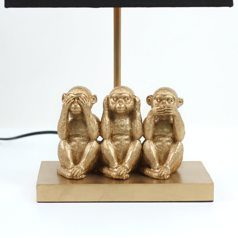 Everette Eclectic Accent Table Lamp Light with Three Wise Monkeys Fabric Shade - Gold and Black Fast shipping On sale