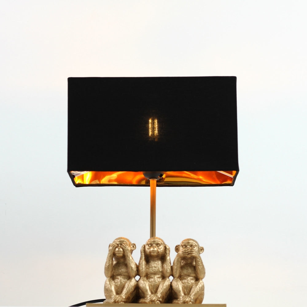 Everette Eclectic Accent Table Lamp Light with Three Wise Monkeys Fabric Shade - Gold and Black Fast shipping On sale