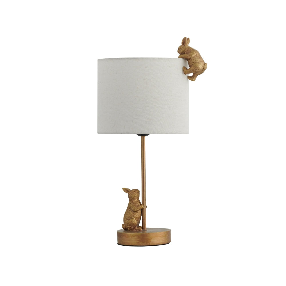 Everette Eclectic Accent Table Lamp Light with Two Rabbits Playing Fabric Shade - Gold and White Fast shipping On sale