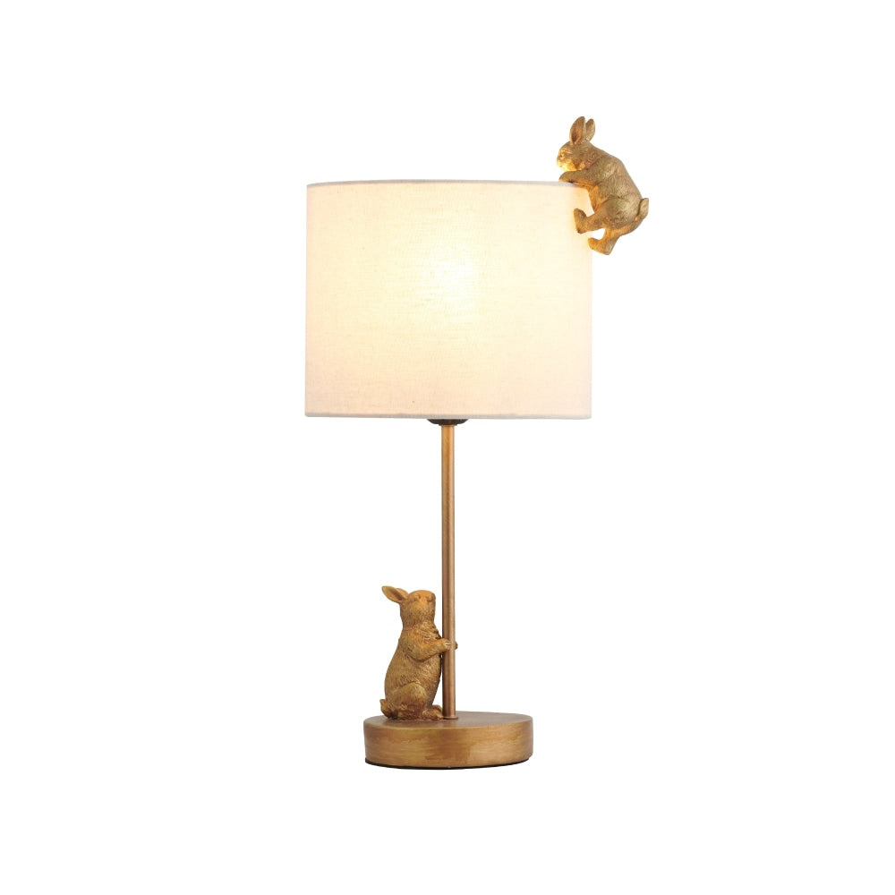 Everette Eclectic Accent Table Lamp Light with Two Rabbits Playing Fabric Shade - Gold and White Fast shipping On sale