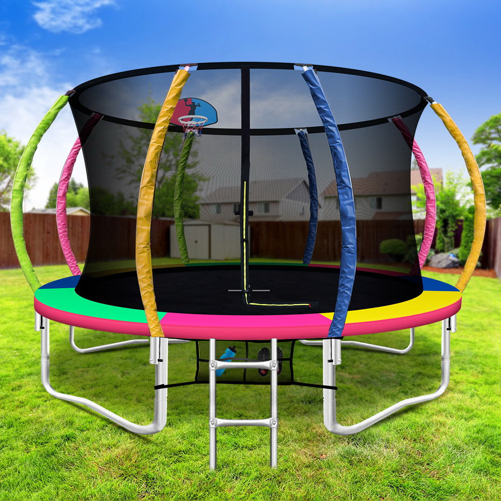 Everfit 12FT Trampoline Round Trampolines With Basketball Hoop Kids Present Gift Enclosure Safety Net Pad Outdoor Multi-coloured Sports &