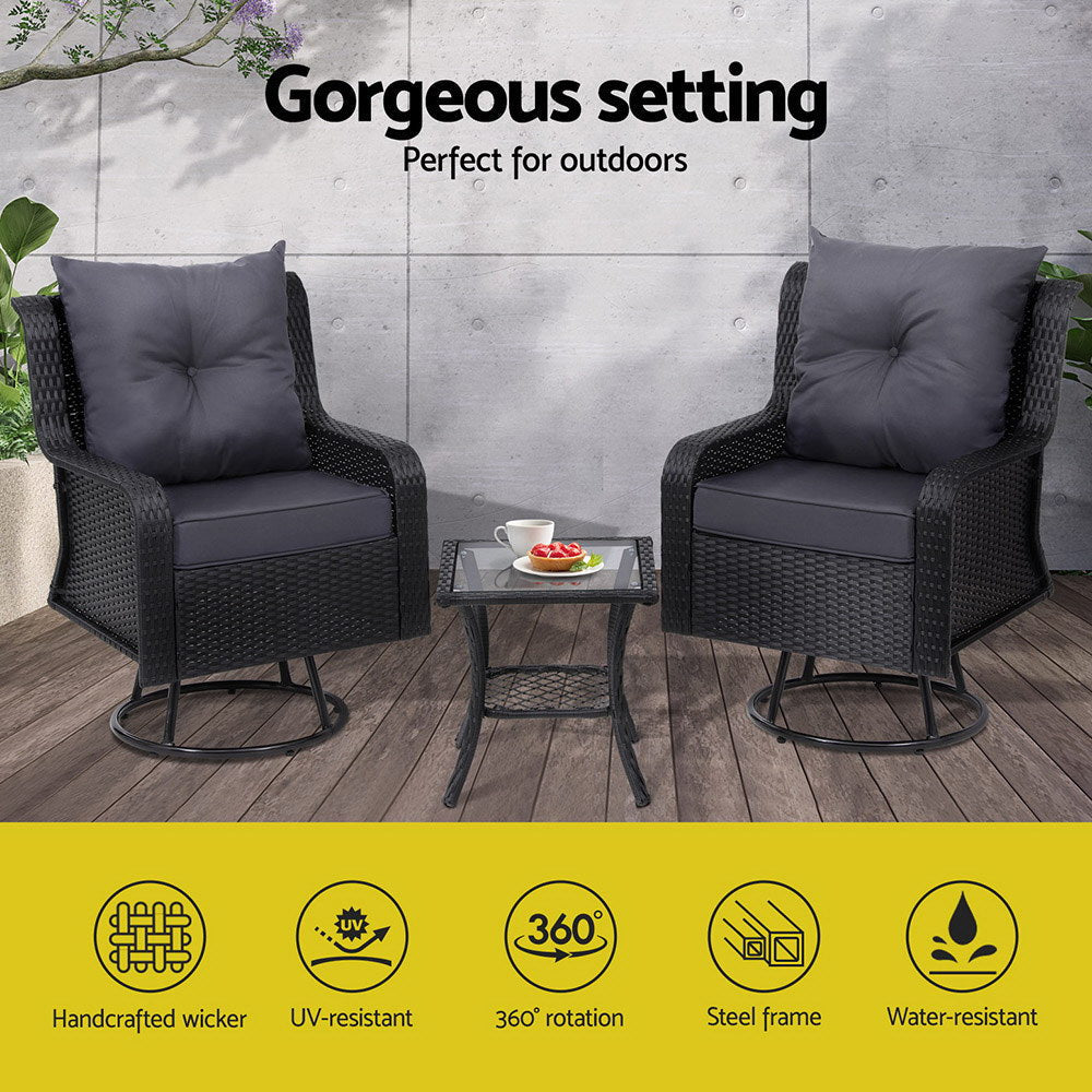 Gardeon Outdoor Chairs Patio Furniture Lounge Setting 3 Pcs Wicker Swivel Chair Table Bistro Set Sets Fast shipping On sale