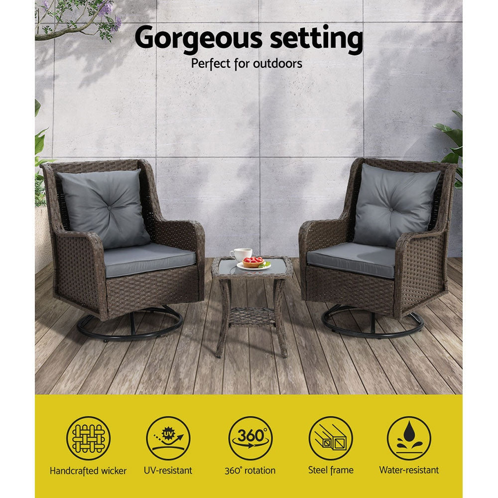 Gardeon Outdoor Chairs Patio Furniture Lounge Setting 3 Pcs Wicker Swivel Chair Table Bistro Set Sets Fast shipping On sale