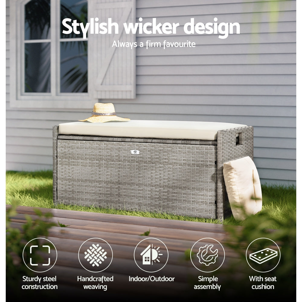 Gardeon Outdoor Storage Bench Box Wicker Garden Sheds Tools Cushion Patio Furniture Grey Fast shipping On sale