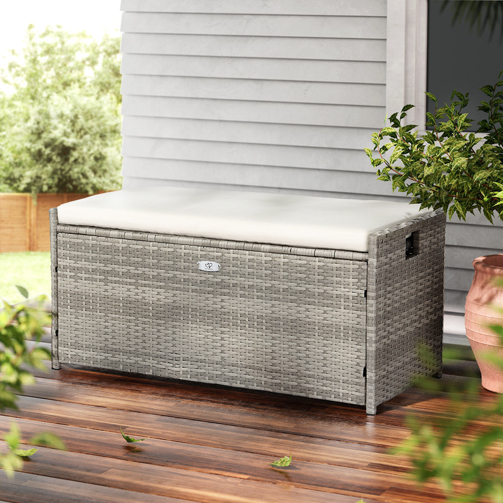 Gardeon Outdoor Storage Bench Box Wicker Garden Sheds Tools Cushion Patio Furniture Grey Fast shipping On sale