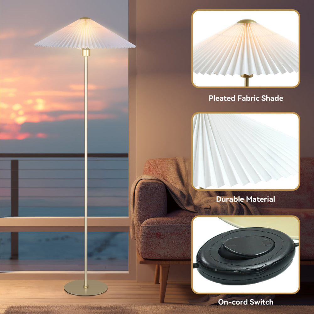 Go Bright Pleated Classic Metal Floor Lamp Light Fabric Umbrella Shade - White and Gold Fast shipping On sale