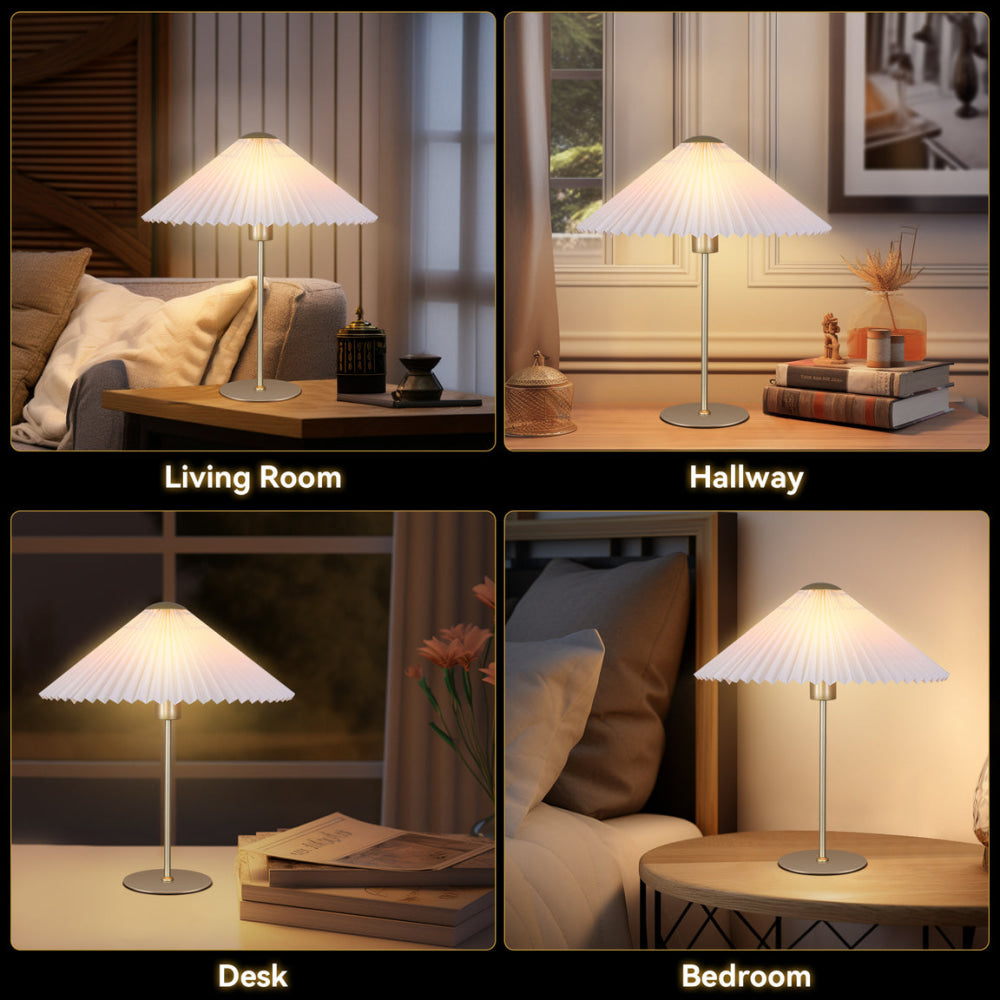 Go Bright Pleated Classic Metal Table Lamp Light Fabric Umbrella Shade - White and Gold Fast shipping On sale