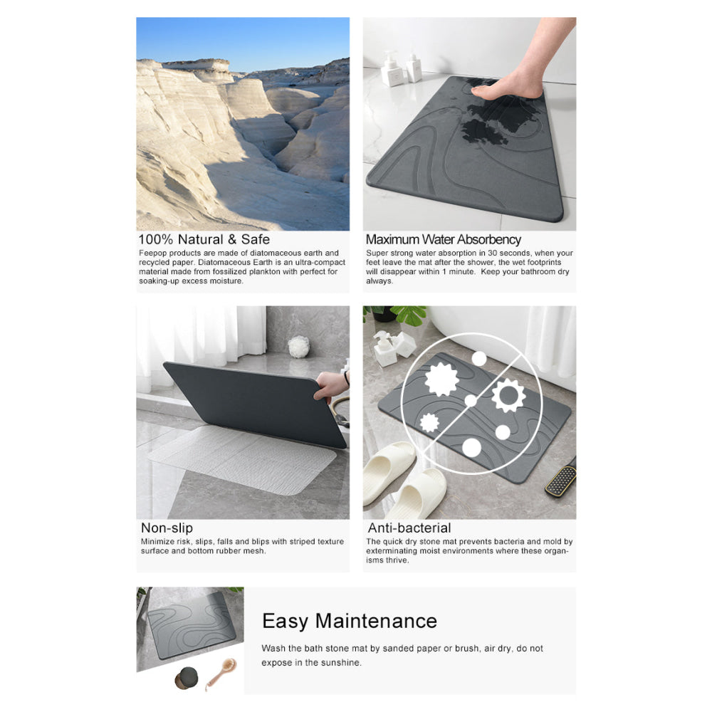 Hard Diatomite Bath Mat (Flow) 60x39CM Quick Absorption Anti-Bacterial - Dark Grey Bathroom Accessories Fast shipping On sale