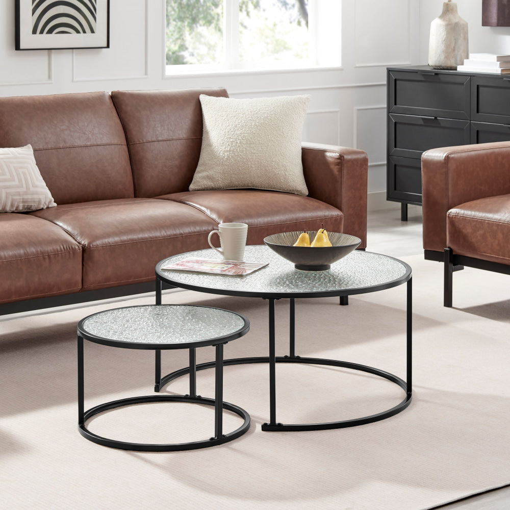 Hester Set Of 2 Nesting Round Tea Coffee Table Glass Top Black Fast shipping On sale