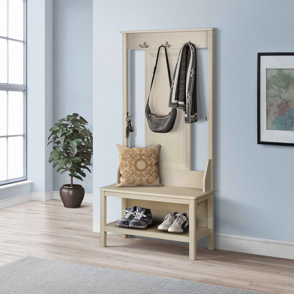 Hinton Modern Minimalist Coat Rack Hall Tree Shoe Cabinet Antique White Fast shipping On sale