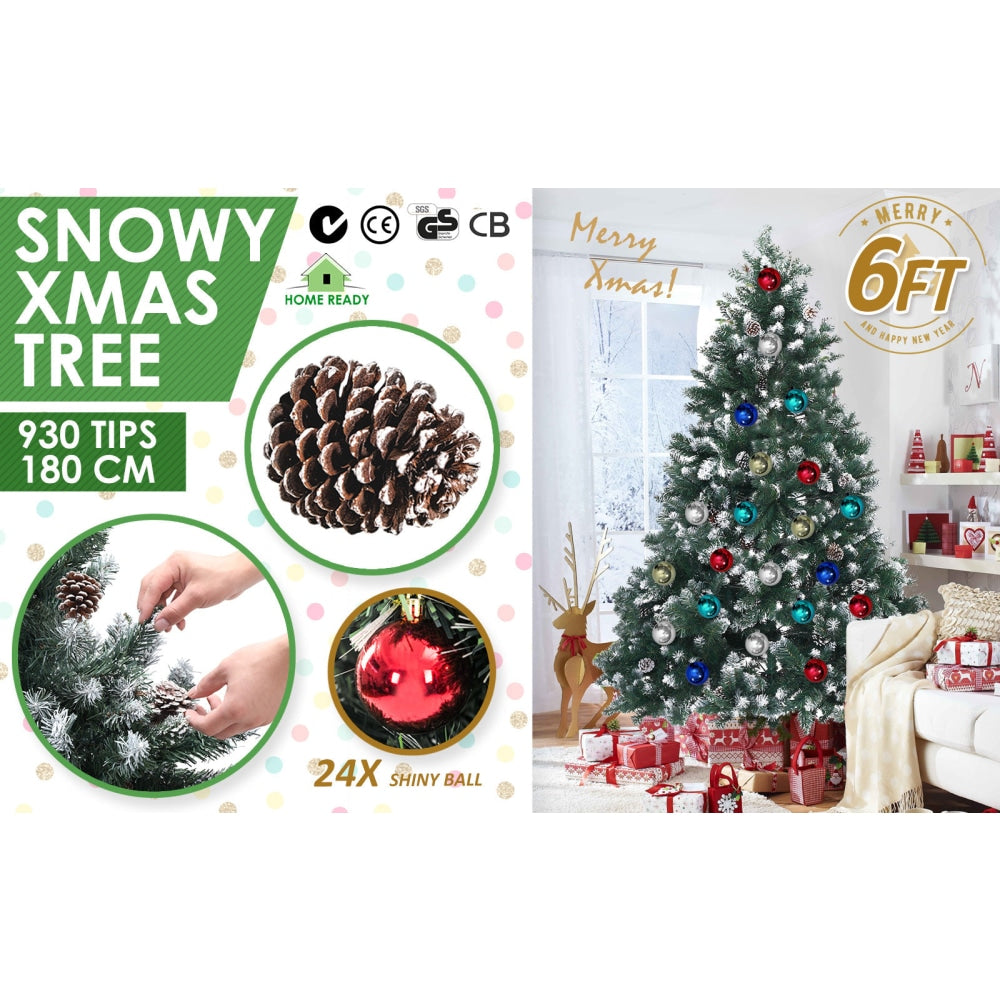 Home Ready 6Ft 180cm 930 tips Green Snowy Christmas Tree Xmas Pine Cones + Bauble Balls Fast shipping On sale