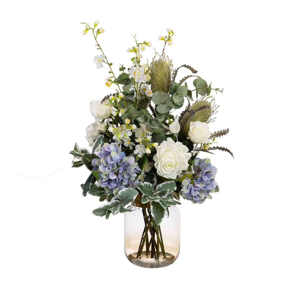 Hydrangea & Banksia Artificial Plant Arrangement 80cm In Glass - Multi Color Fast shipping On sale
