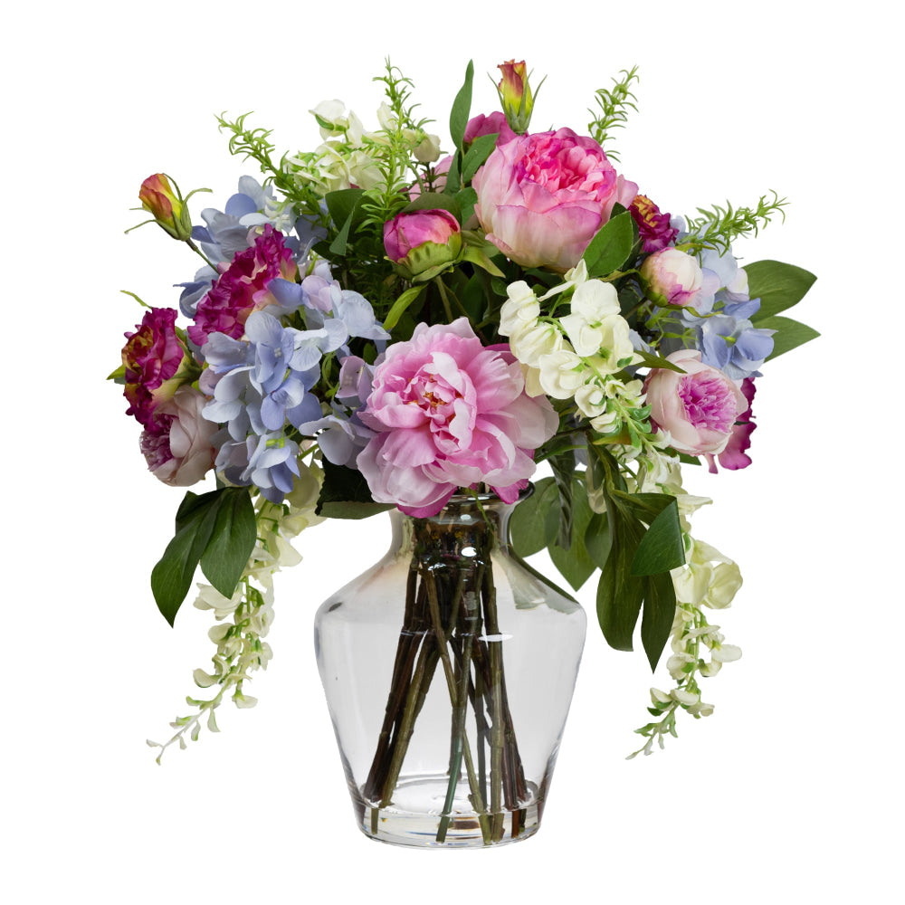 Hydrangea Peony & Wisteria Mixed Artificial Fake Plant Decorative Arrangement 56cm In Glass Fast shipping On sale