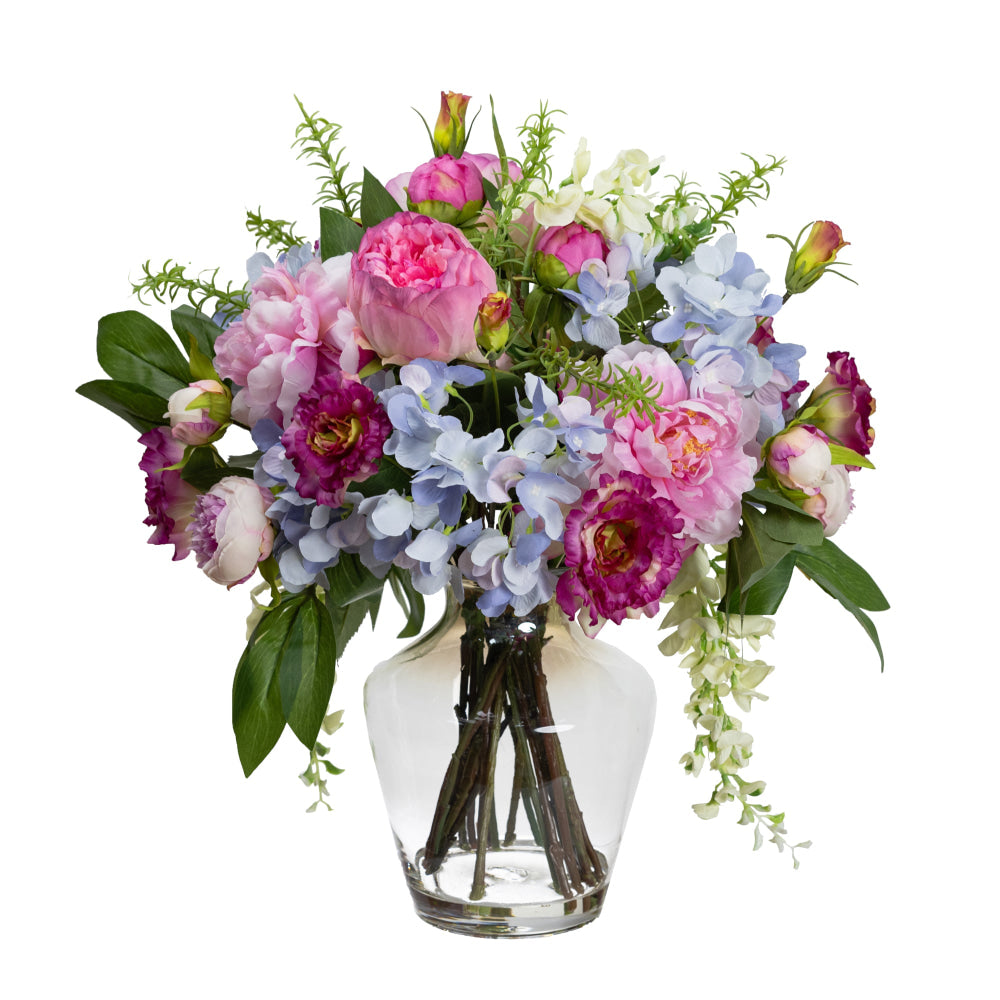 Hydrangea Peony & Wisteria Mixed Artificial Fake Plant Decorative Arrangement 56cm In Glass Fast shipping On sale