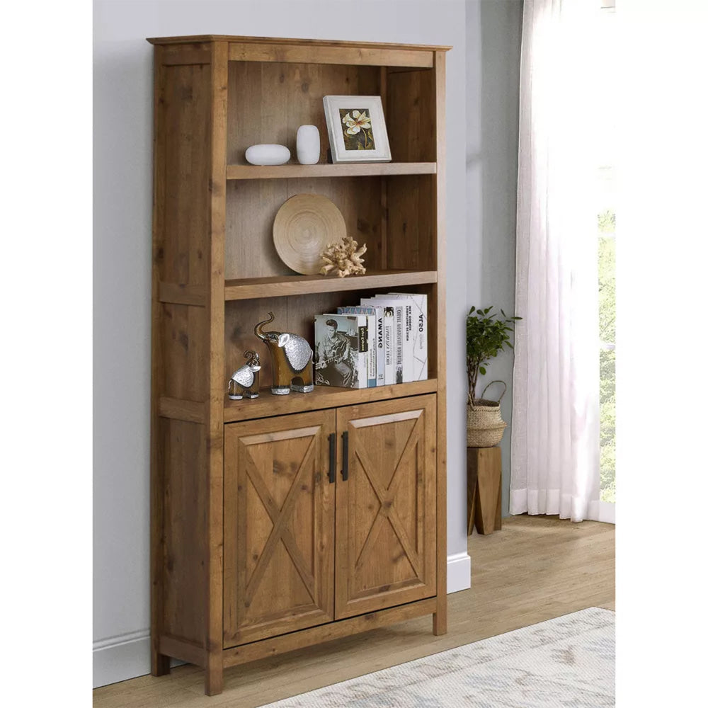 Hyland 5-Tier Tall Bookcase Display Shelves W/ 2-Doors Rustic Brown Fast shipping On sale