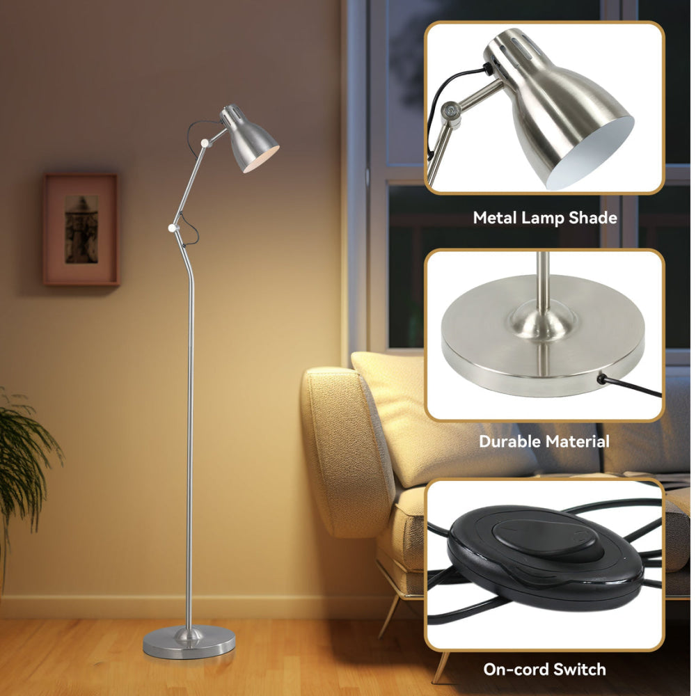 Intense Bright Classic Metal Floor Lamp Reading Light Adjustable Arms Shade - Satin Chrome Fast shipping On sale