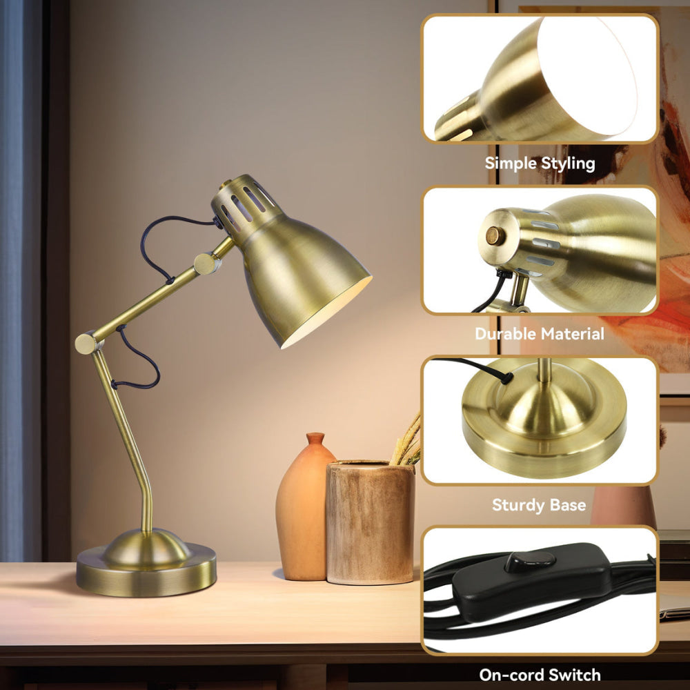 Intense Bright Classic Metal Table Desk Lamp Reading Light Adjustable Arms Shade - Antique Brass Fast shipping On sale