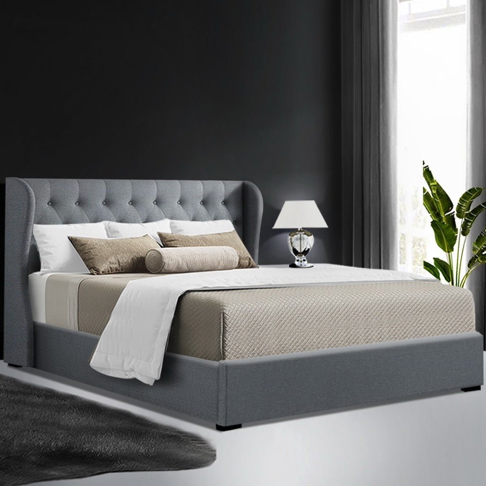 Issa Bed Frame Fabric Gas Lift Storage - Grey Queen Fast shipping On sale