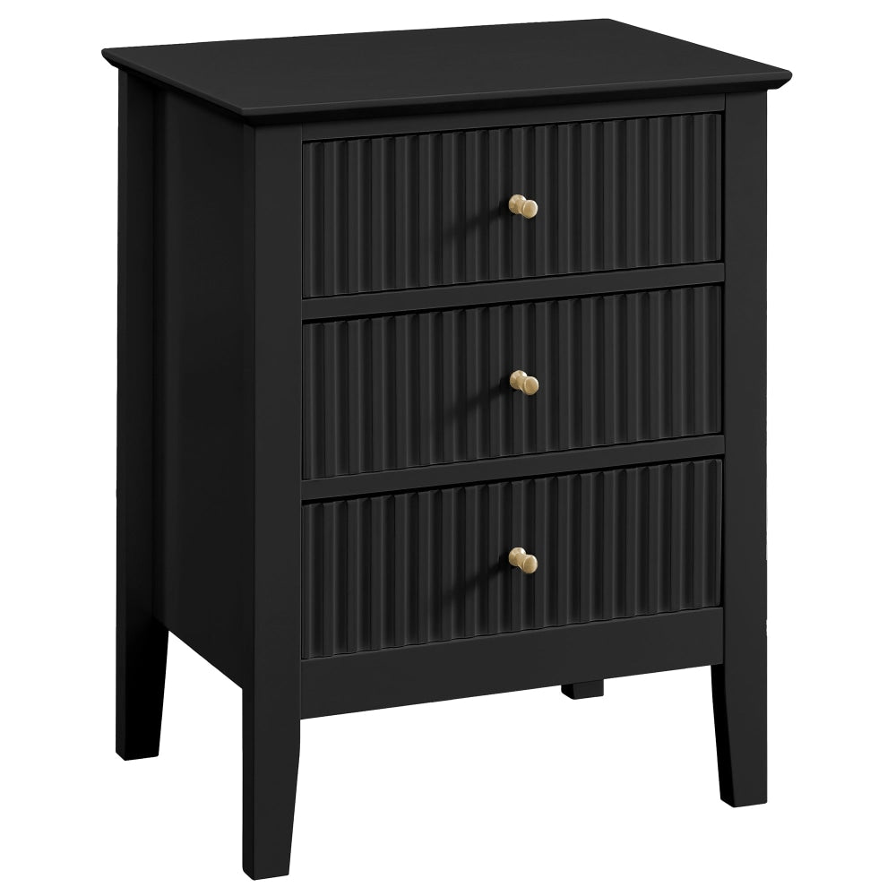 Issey Modern Wooden Bedside Nightstand Side Table Fluted 3-Drawers - Black Fast shipping On sale