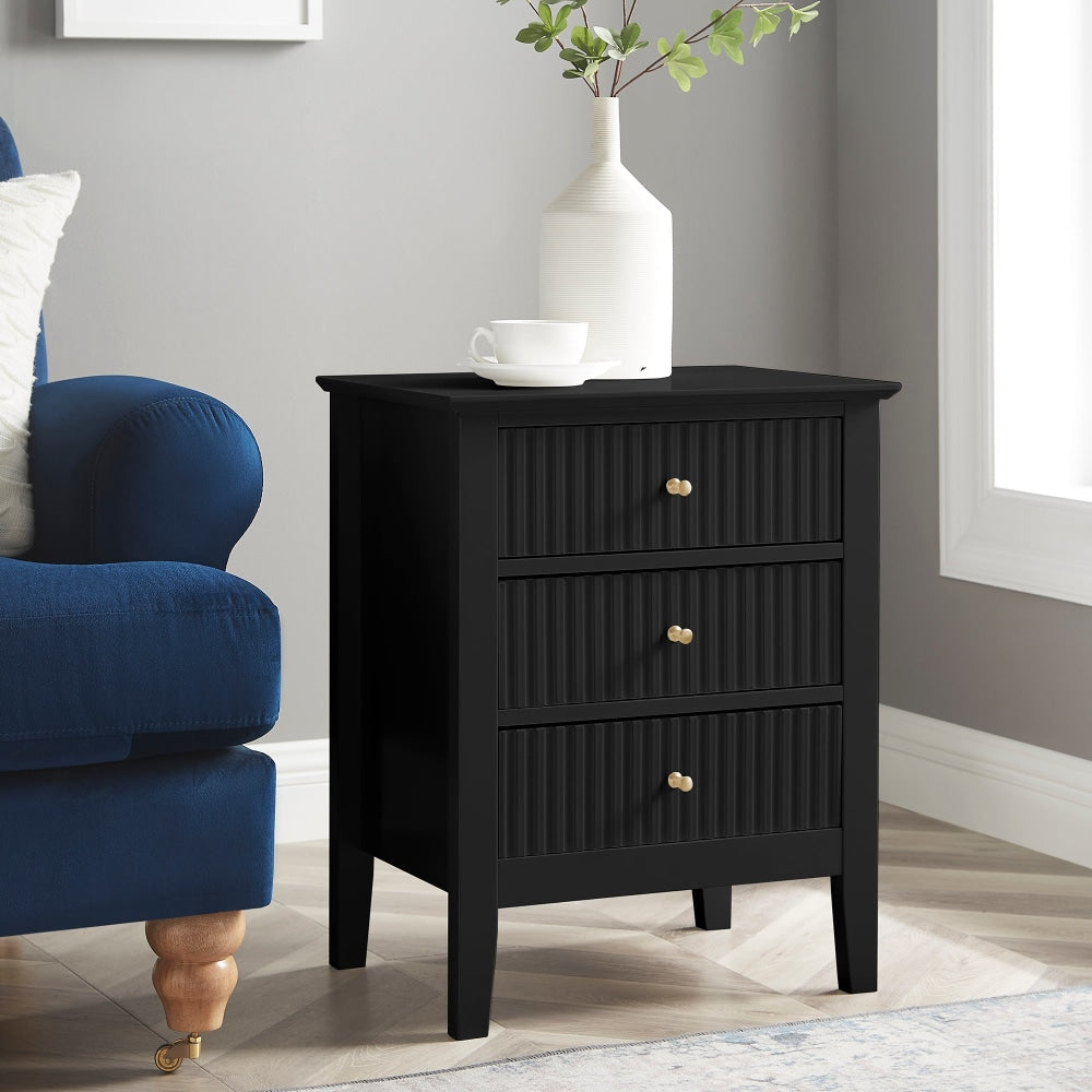 Issey Modern Wooden Bedside Nightstand Side Table Fluted 3-Drawers - Black Fast shipping On sale