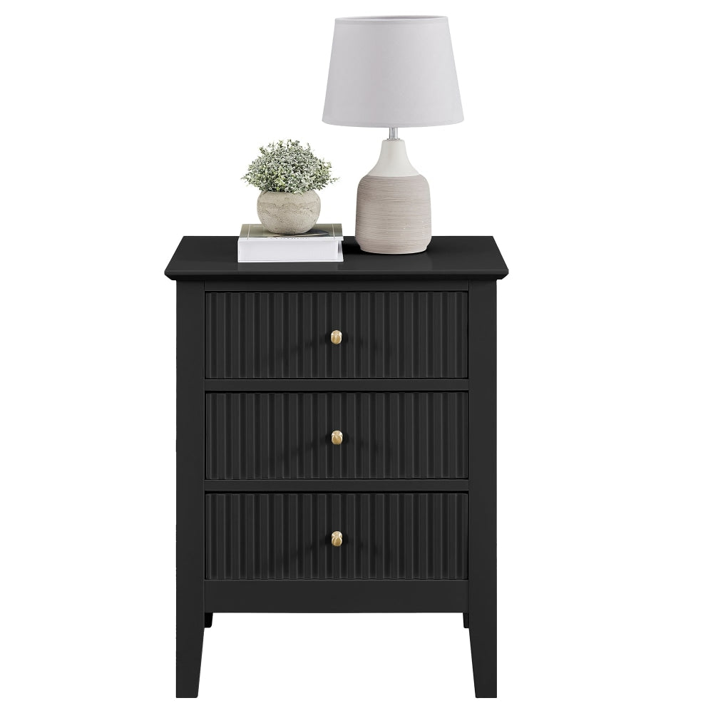 Issey Modern Wooden Bedside Nightstand Side Table Fluted 3-Drawers - Black Fast shipping On sale