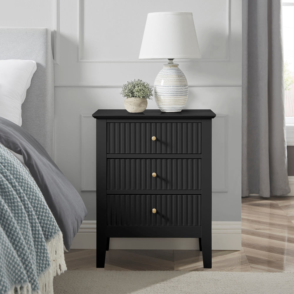 Issey Modern Wooden Bedside Nightstand Side Table Fluted 3-Drawers - Black Fast shipping On sale