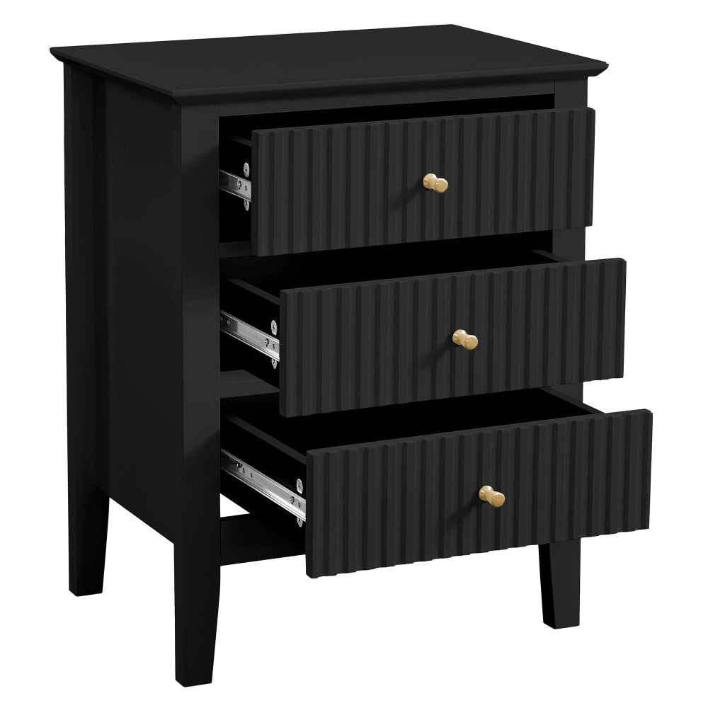 Issey Modern Wooden Bedside Nightstand Side Table Fluted 3-Drawers - Black Fast shipping On sale