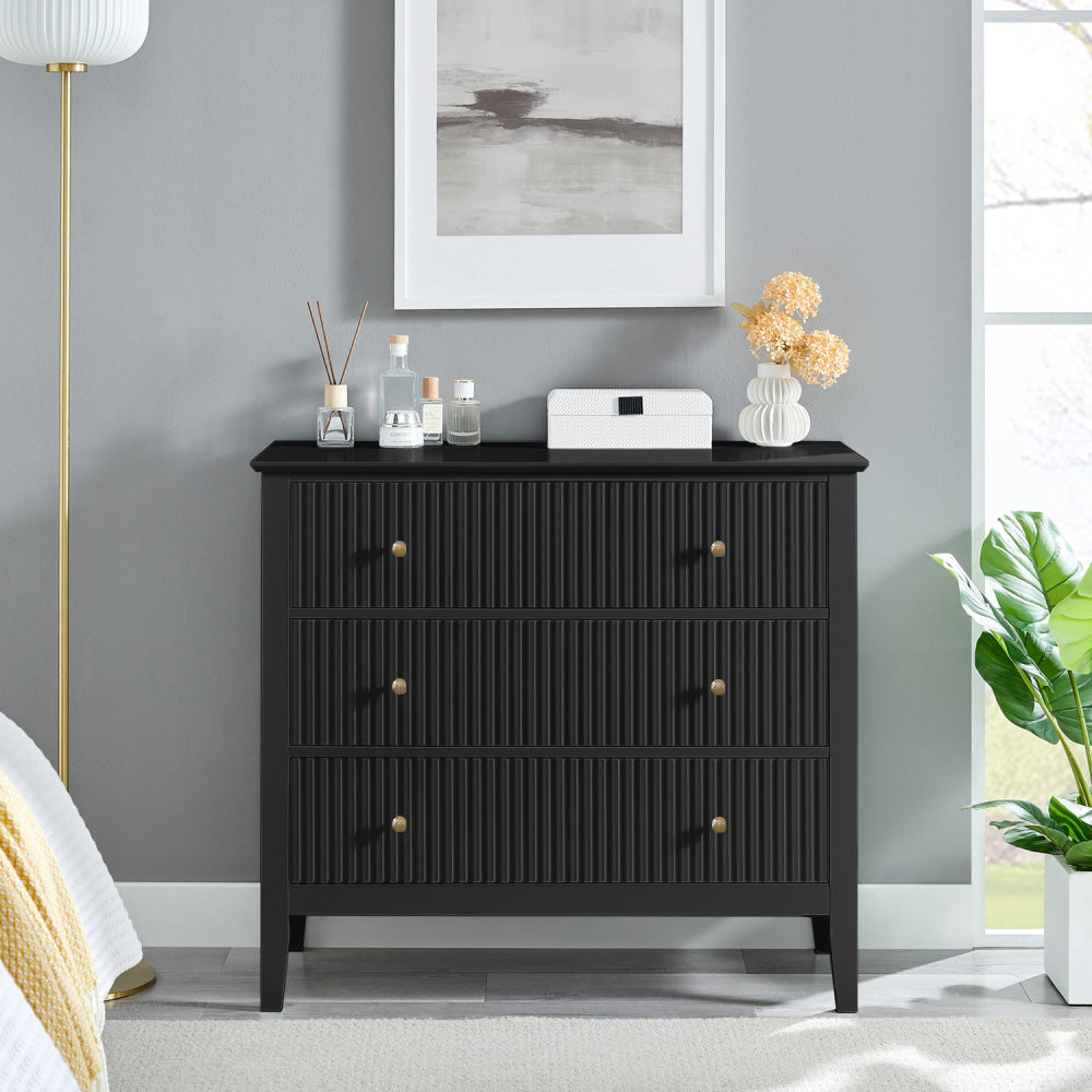 Issey Modern Wooden Fluted Chest of 3-Drawers Tallboy Storage Cabinet - Black Of Drawers Fast shipping On sale