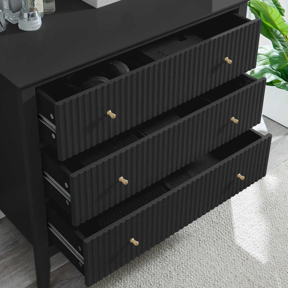 Issey Modern Wooden Fluted Chest of 3-Drawers Tallboy Storage Cabinet - Black Of Drawers Fast shipping On sale