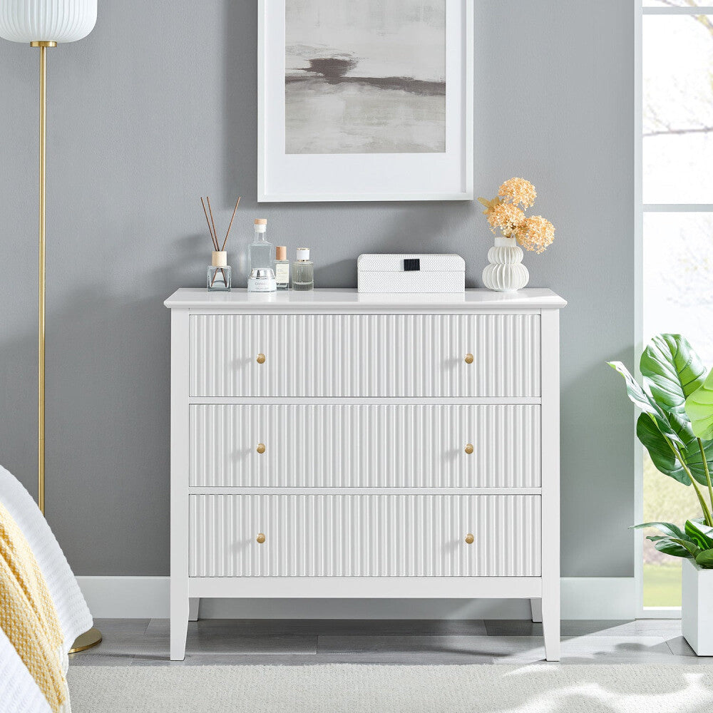 Issey Modern Wooden Fluted Chest of 3-Drawers Tallboy Storage Cabinet White Of Drawers Fast shipping On sale