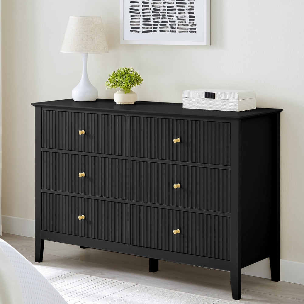 Issey Modern Wooden Fluted Chest Of 6-Drawers Dresser Storage Cabinet Black Drawers Fast shipping On sale