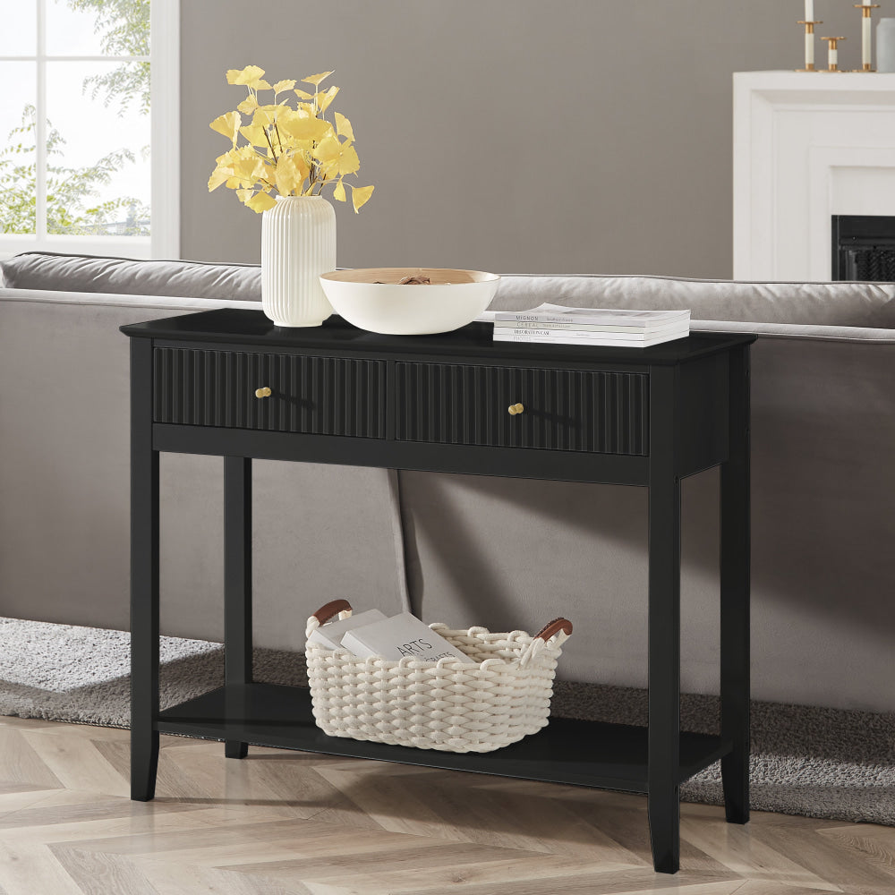 Issey Modern Wooden Hallway Console Hall Table Fluted 2-Drawers - Black Fast shipping On sale