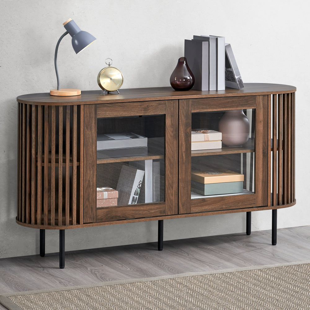 Izar Wooden Sideboard Buffet Unit Storage Cabinet 2-Doors Slat Walnut & Fast shipping On sale