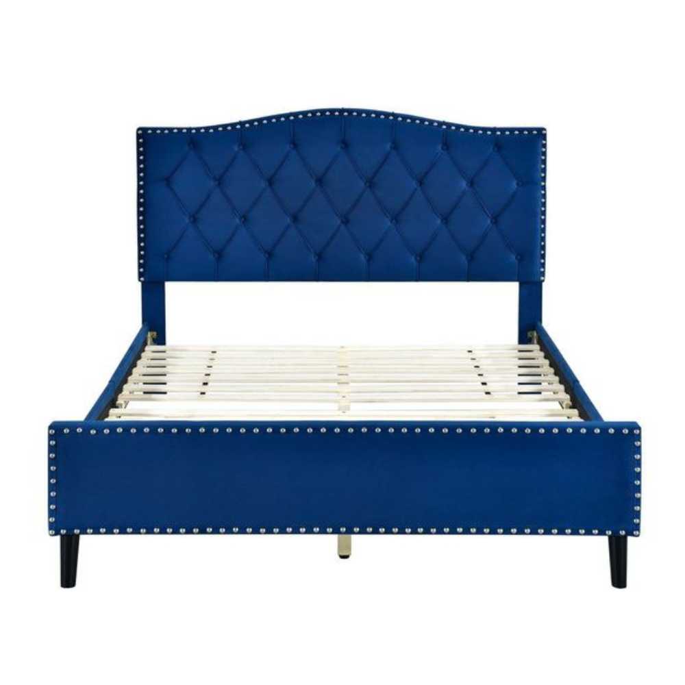 Modern Velvet Fabric Tufted Bed Head Frame Queen Size Navy Blue Fast shipping On sale