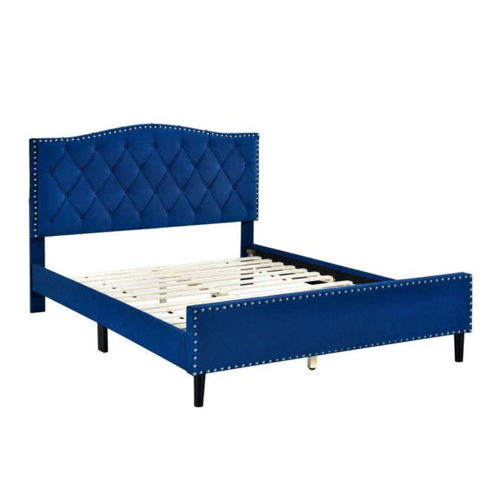 Modern Velvet Fabric Tufted Bed Head Frame Queen Size Navy Blue Fast shipping On sale