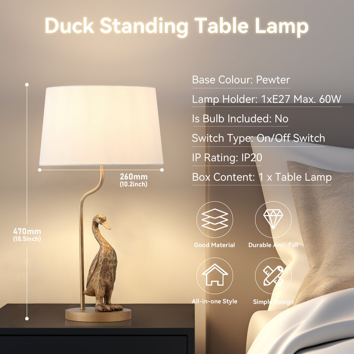 Kasey Standing Duck Table Lamp Light Fabric Shade - Pewter and Cream Fast shipping On sale