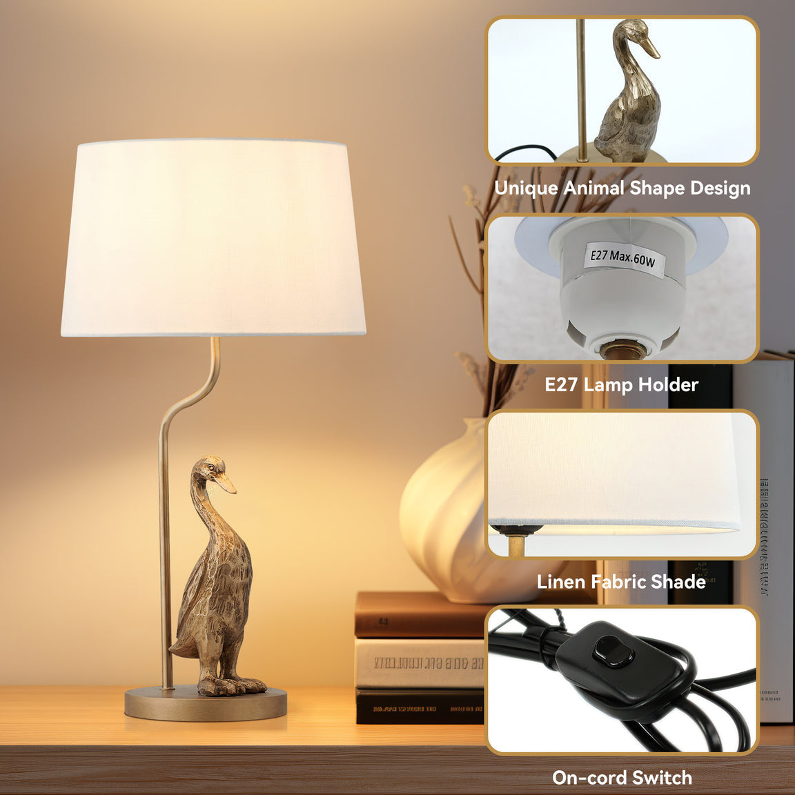 Kasey Standing Duck Table Lamp Light Fabric Shade - Pewter and Cream Fast shipping On sale