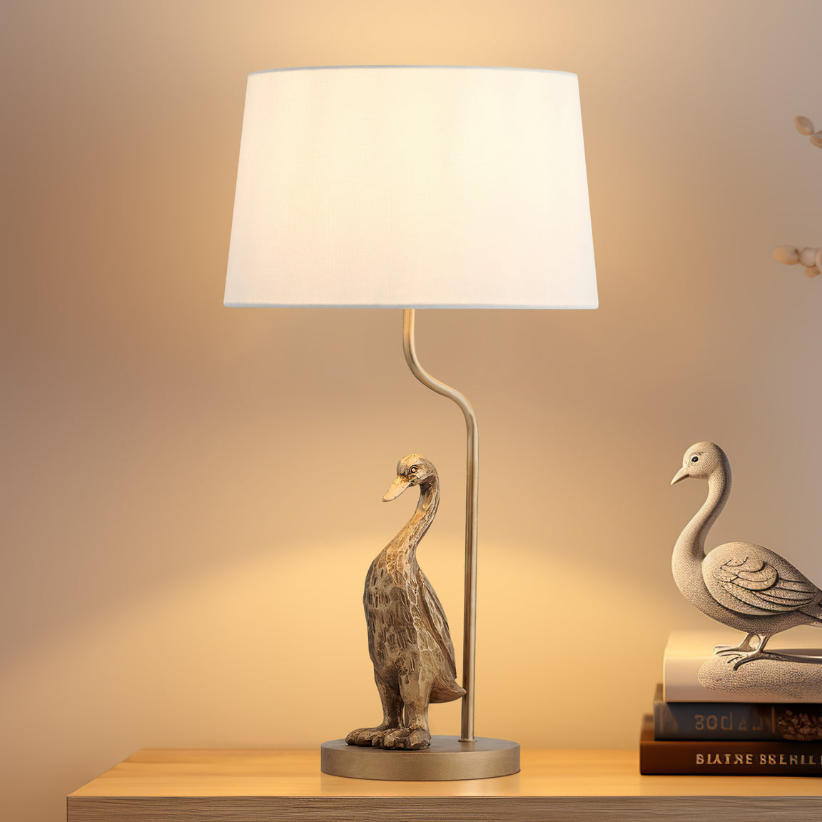 Kasey Standing Duck Table Lamp Light Fabric Shade - Pewter and Cream Fast shipping On sale