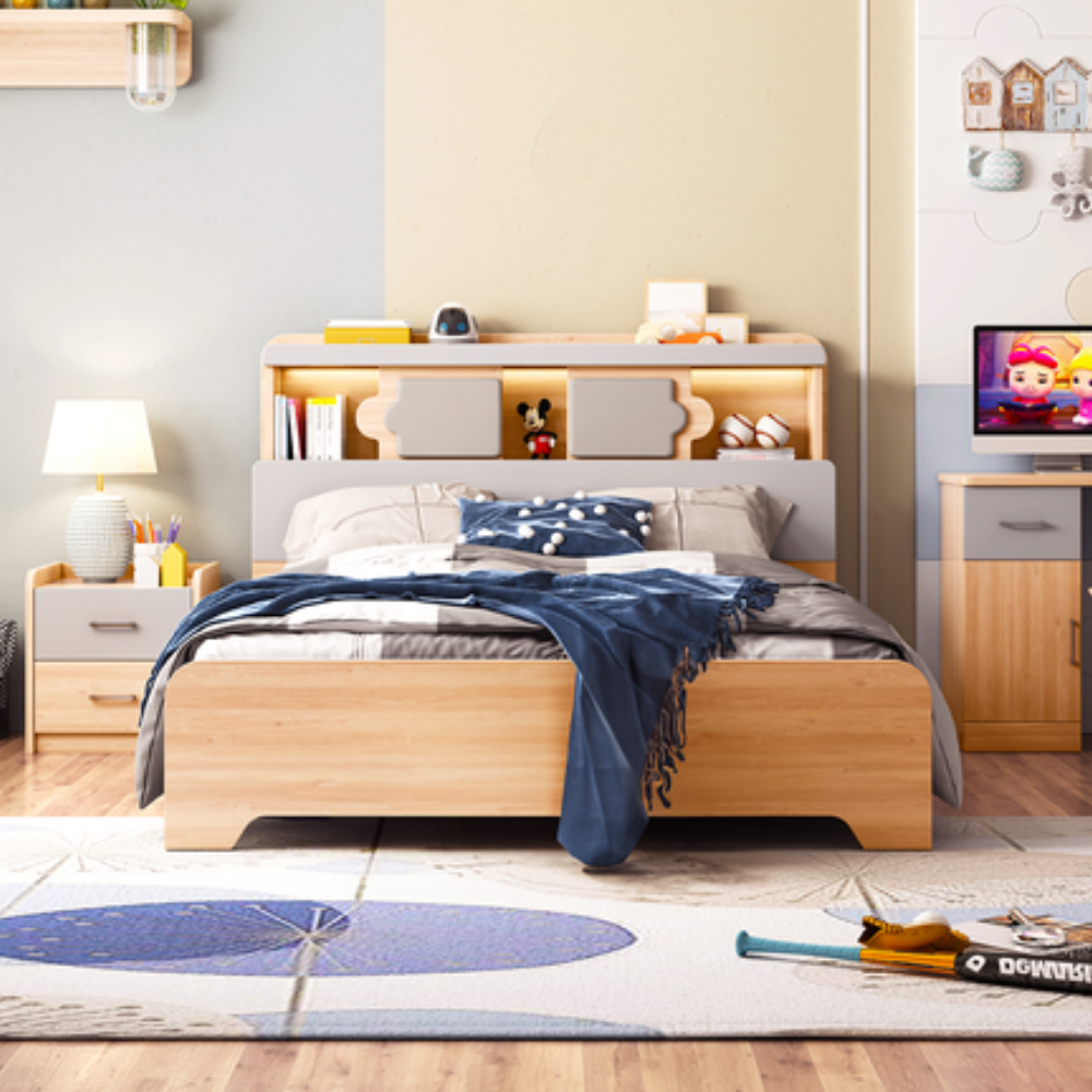 Scandinavian Wooden Bed Frame Built-In LED W/ Head King Single Size Oak Fast shipping On sale