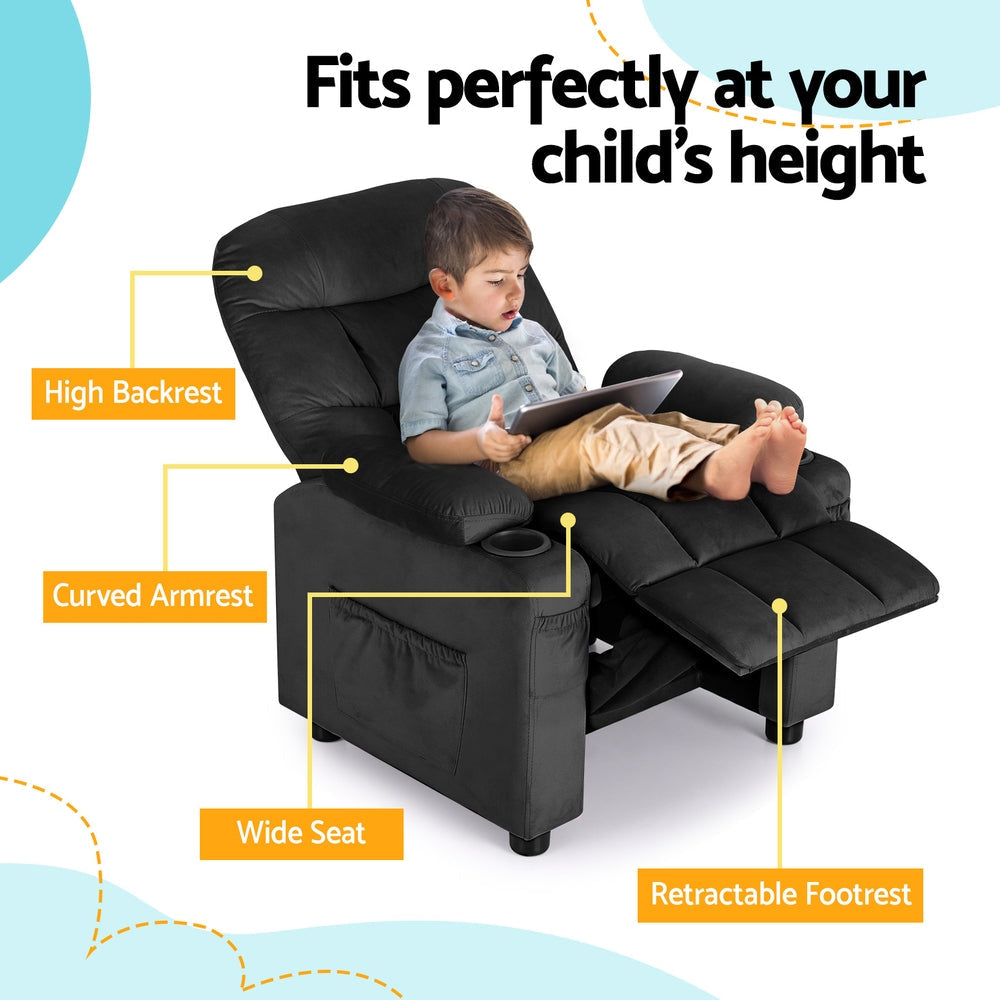 Kids Recliner Chair Black Velvet Sofa Lounge Couch Children Charis Armchair Furniture Fast shipping On sale