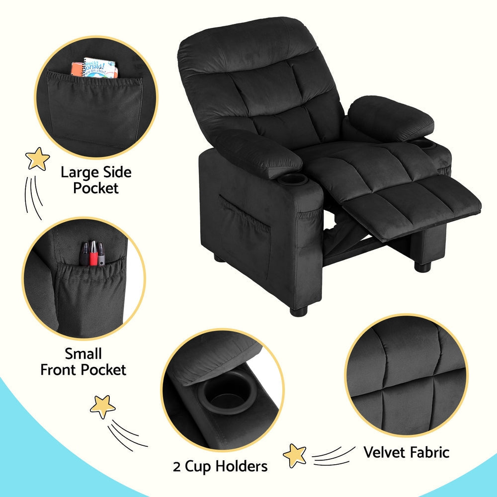 Kids Recliner Chair Black Velvet Sofa Lounge Couch Children Charis Armchair Furniture Fast shipping On sale